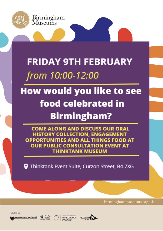 Like to talk food?! Join our public consultation on Fri 9th Feb to discuss our oral history collection on people's childhood perspectives on food & drink from the 80s, and how it could be used. 10am-12pm, Thinktank event suite. RVSP: BMTParticipation@birminghammuseums.org.uk