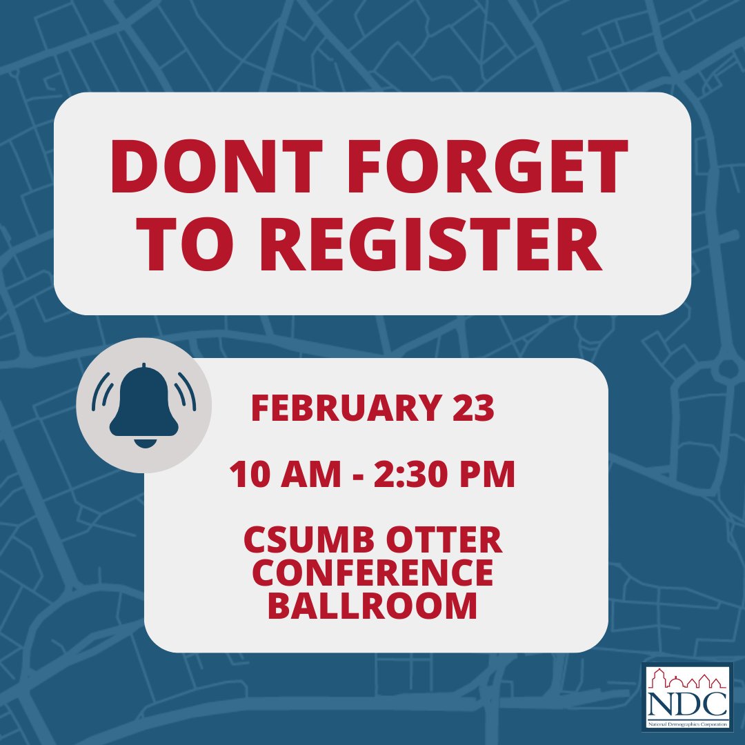 NDCresearch's tweet photo. 🚨It’s not too late to register for the @NDCresearch "California Demographic Update" meeting!🚨

We invite all of our clients, local government staff and elected officials to join us on February 23 from 10 AM to 2:30 PM in the Otter Conference Ballroom...

(1/3) https://t.co/24Cv5M2bJk