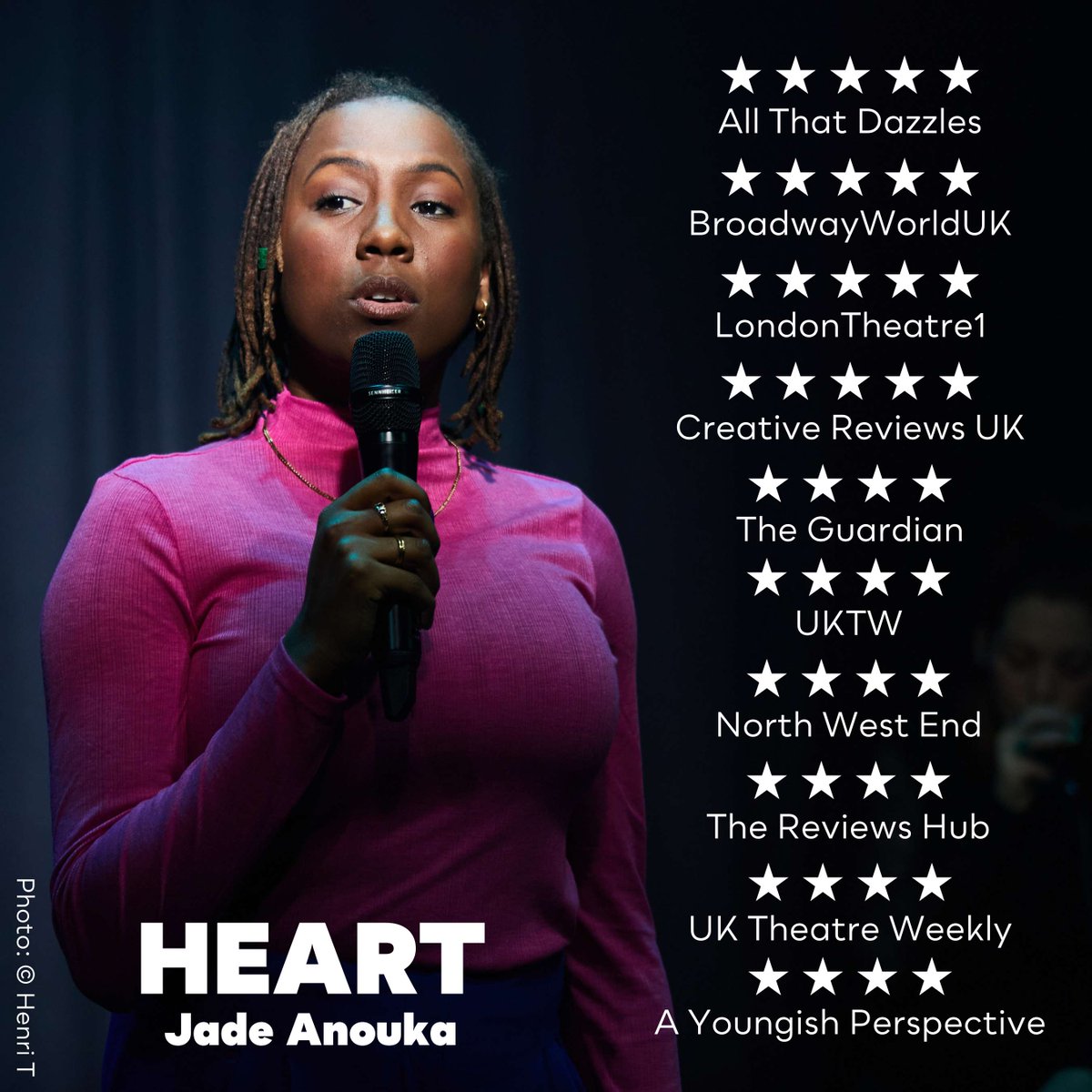 BrxHouseTheatre's tweet photo. The reviews are in!

Congrats @JadeAnouka for the latest reviews of HEART #hearttheplay from @BroadwayWorldUK @ATDazzles and @TheReviewsHub just to name a few.

HEART, Jade's debut show with live music from @_GraceSavage will be on until Sat 03 Feb 💜

https://t.co/KZM06PogBE https://t.co/SxnsXzETNT