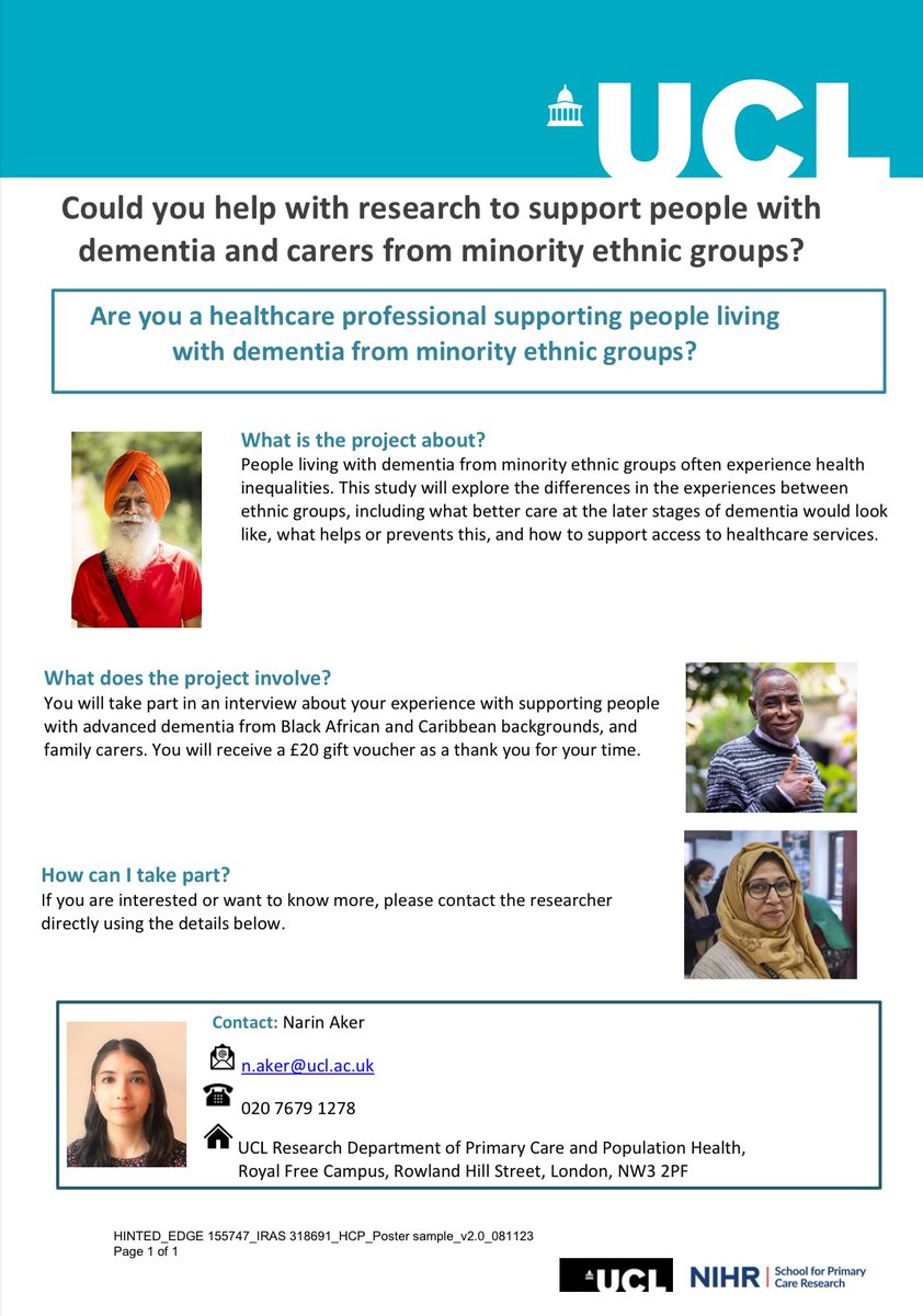 Are you a healthcare professional supporting people with #dementia? UCL researchers would like to interview you about supporting people with dementia from Black African and Caribbean backgrounds and family carers. Contact @n_aker_ for more info #phdresearch
