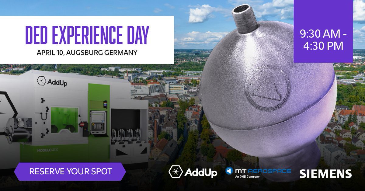 AddUp_solutions's tweet image. 📅 Save the Date – April 10th for #DED Experience Day in #Augsburg, Germany!

Save your spot: addupsolutions.com/event/ded-expe…

Hosted by MT Aerospace AG and AddUp with the support of @Siemens.

#directedenergydeposition #3ddruck #additivefertigung #maschinenbau #additivemanufacturing