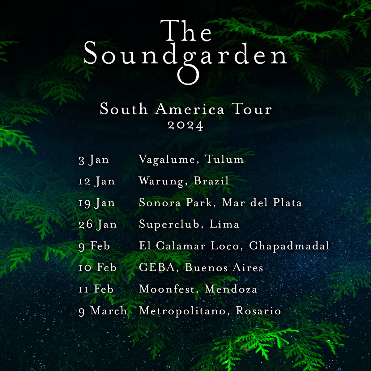 January is nearly over and we're halfway through our biggest-ever South America tour 🌿 where will we see you?? 

Next dates 

9 Feb <a href="/elcalamarloco/">CALAMAR LOCO</a> (Argentinian lineup)
10 Feb  <a href="/2gthrofficial/">2GTHR</a> Buenos Aires 
11 Feb Moonfest Mendoza
9th March Lado b Rosario