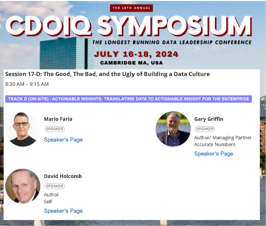 DavidHolcomb's tweet image. I'm excited to be speaking at the CDOIQ Conference with @mariofaria and Gary W Griffin, PhD.

If you haven't registered: cdoiq2024.org

Bring your copy of "Building a Data Culture" - we'll sign it.  Need one? Amazon - a.co/d/1g3oQQ0

@CDOIQ_Program @Apress