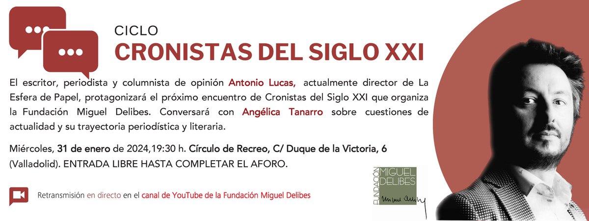 Tenemos una cita con el mejor periodismo cultural de la mano de un enorme poeta. Estaremos con Antonio Lucas en una nueva edición de Cronistas del Siglo XXI. Os esperamos. @MiguelFundacion