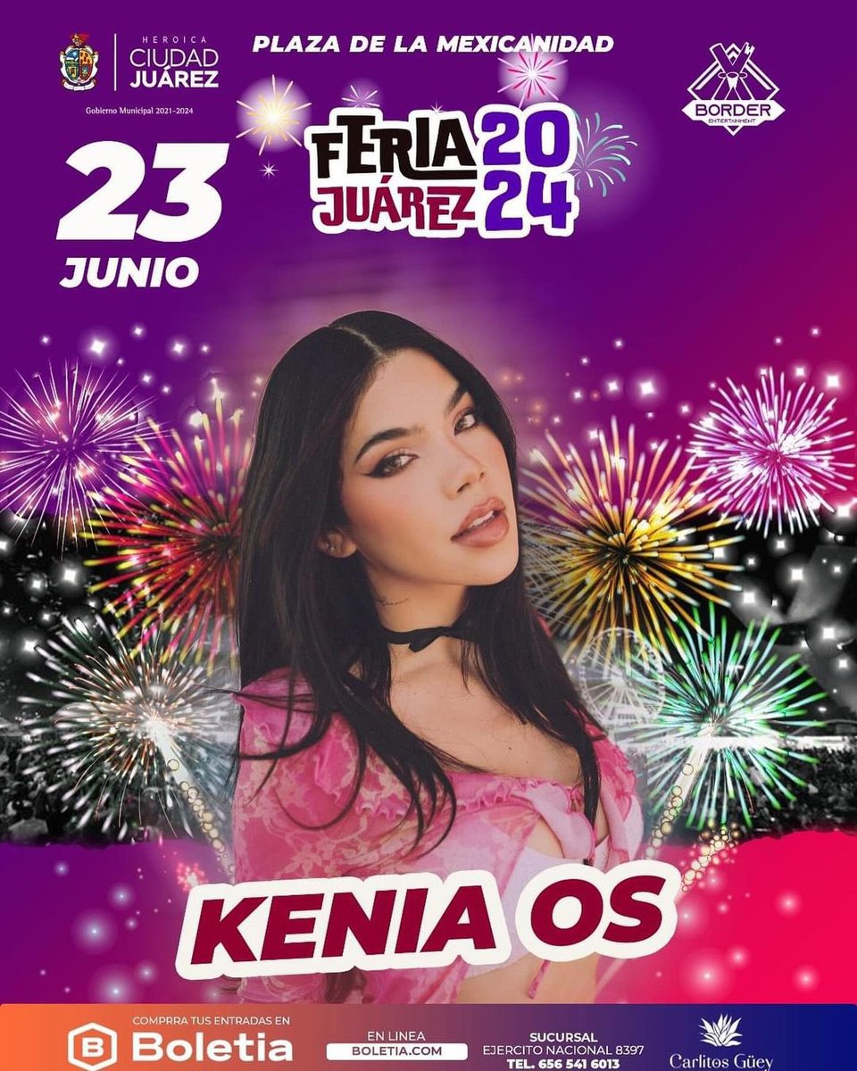 .@KeniaOS se presentará en la Plaza de la Mexicanidad de Ciudad Juárez para la Feria Juárez 2024 el domingo 23 de Junio.