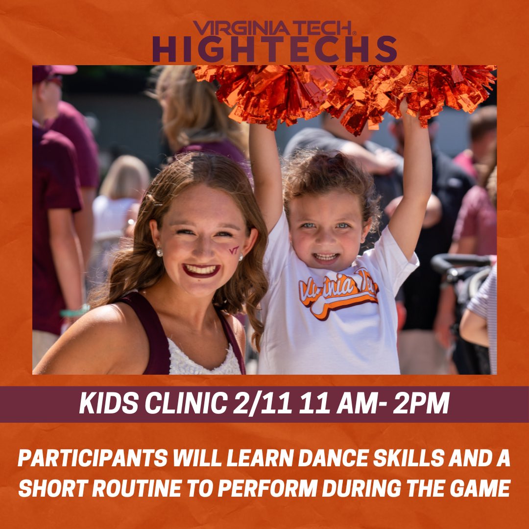 Join the Virginia Tech HighTechs for a clinic during the VT vs BC Women's Basketball game.  Participants will learn dance skills and techniques and a short routine to perform during the game. Follow this link for more details and to sign up!

🔗 hokiesports.evenue.net/www/ev_vtech/s…