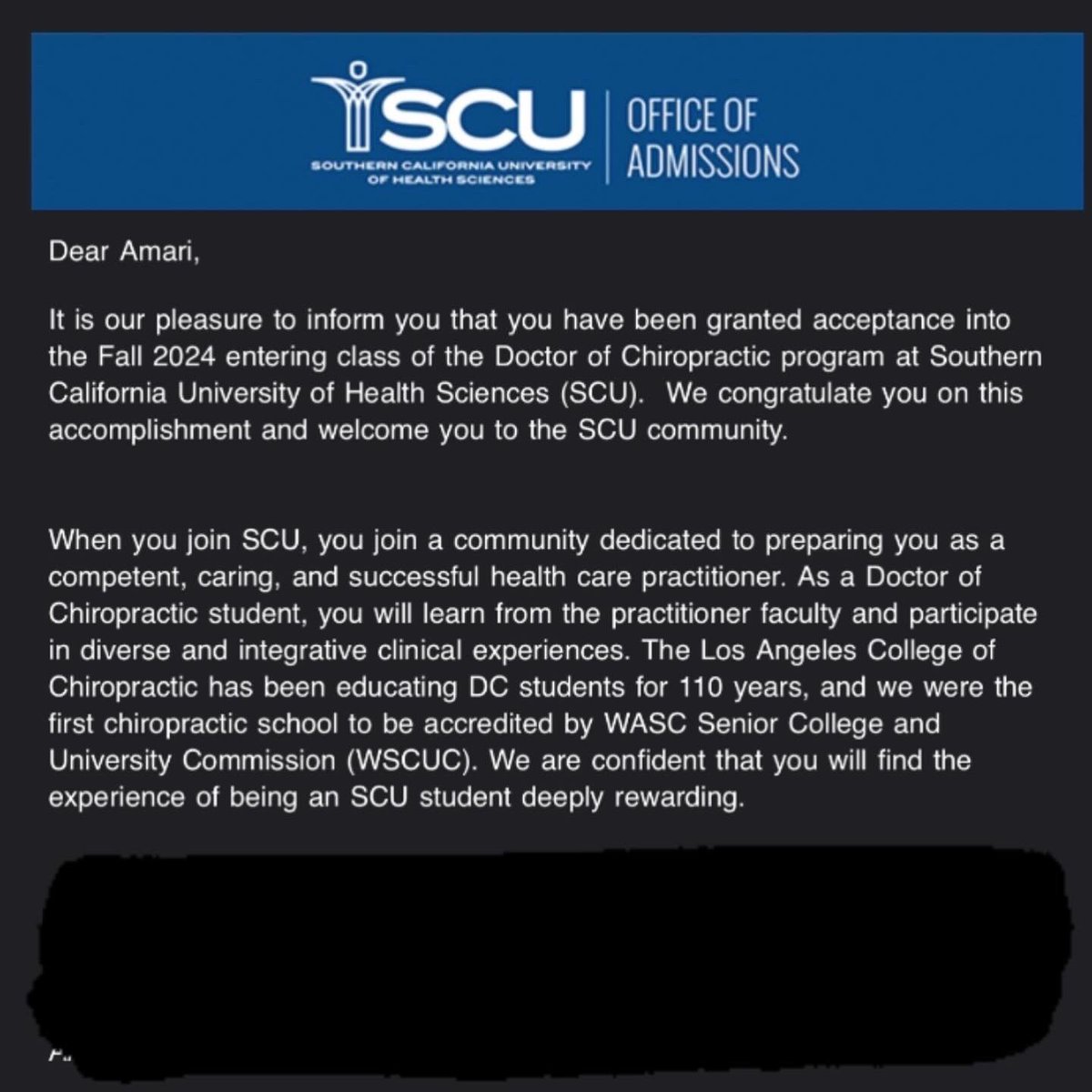 I am EXCITED to announce that I have been accepted to SCU to pursue my doctorate degree in the chiropractic field!👨🏾‍⚕️🩻

#blackdoctors #blackmeninmedicine #MedTwitter #firstgeninmedicine #blackchiropractors