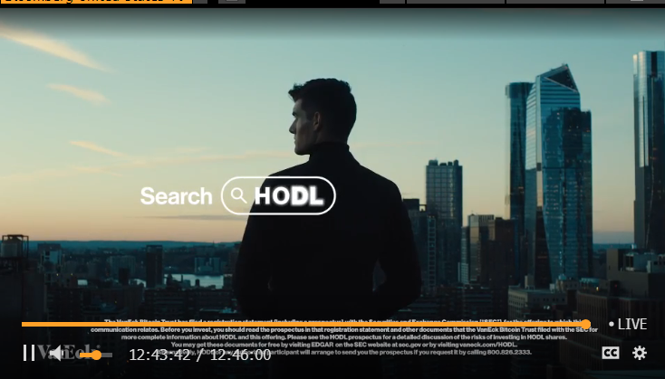 just saw my first live #Bitcoin  ETF commercial in the wild on bloomberg TV -- <a href="/vaneck_us/">VanEck</a>'s $HODL