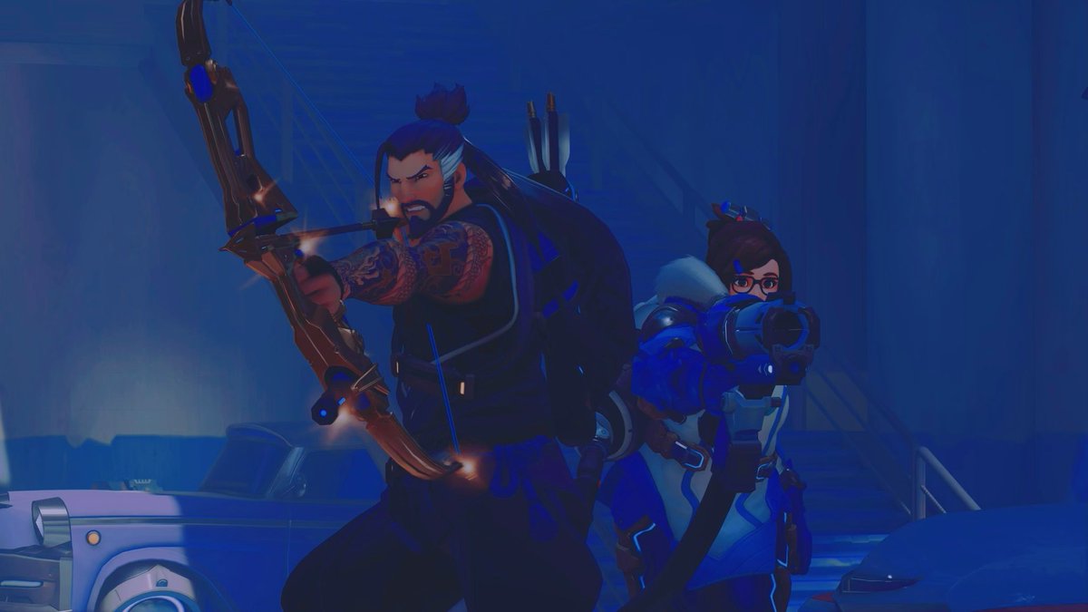 side by side, lookin’ good in BLUE 💙🩵

🏷️ #overwatch #hanzoshimada  #meilingzhou #snowdragon