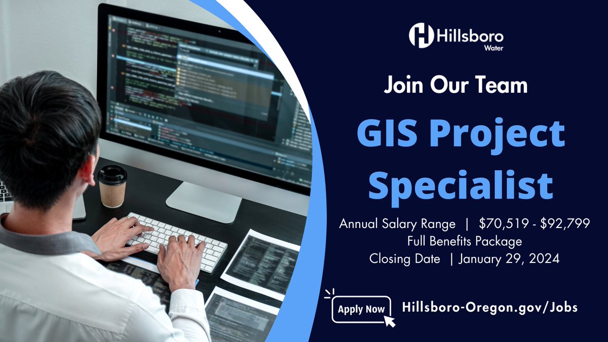 <a href="/HillsboroWater/">Hillsboro Water Dept</a> is recruiting for a GIS Project Specialist to maintain &amp; support GIS database management &amp; assist with project management. 'Water' you waiting for? Apply at: governmentjobs.com/careers/hillsb…
<a href="/CityofHillsboro/">City of Hillsboro OR</a> <a href="/PNWSAWWA/">PNWS-AWWA</a> <a href="/ConserveH2Org/">RegionalH2O</a> <a href="/JWCWater/">Joint Water Commission Water Treatment Plant</a>