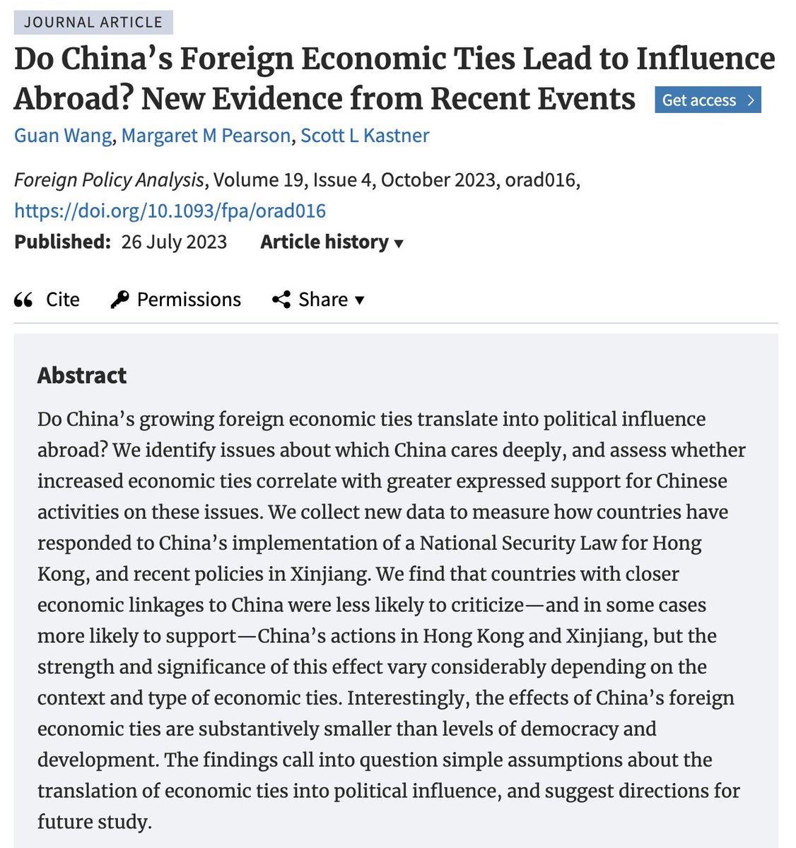 How do economics tie countries to China🇨🇳? @Guan_Wang921 , Margaret Pearson, & Scott Kastner measure countries responses to policy changes in Hong Kong and Xinjiang. Their findings question assumptions on the influence of economic ties #China academic.oup.com/fpa/article-ab…