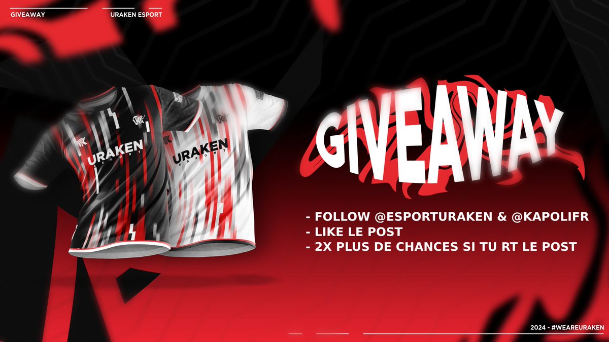 🏮 𝗚𝗜𝗩𝗘𝗔𝗪𝗔𝗬 𝗝𝗘𝗥𝗦𝗘𝗬 𝟮𝟬𝟮𝟰 !

Comme une bonne nouvelle n'arrive jamais seule, on a décidé de vous offrir un maillot 2024 ! 👕

Pour participer :

✅ Follow <a href="/EsportUraken/">UraKen Esport</a> &amp; <a href="/Kapolifr/">Kapoli.fr</a> 
❤️ Like &amp; RT le post. 

TAS 04/02/24 à 18h. ♻️

#WeAreUK ⛩️