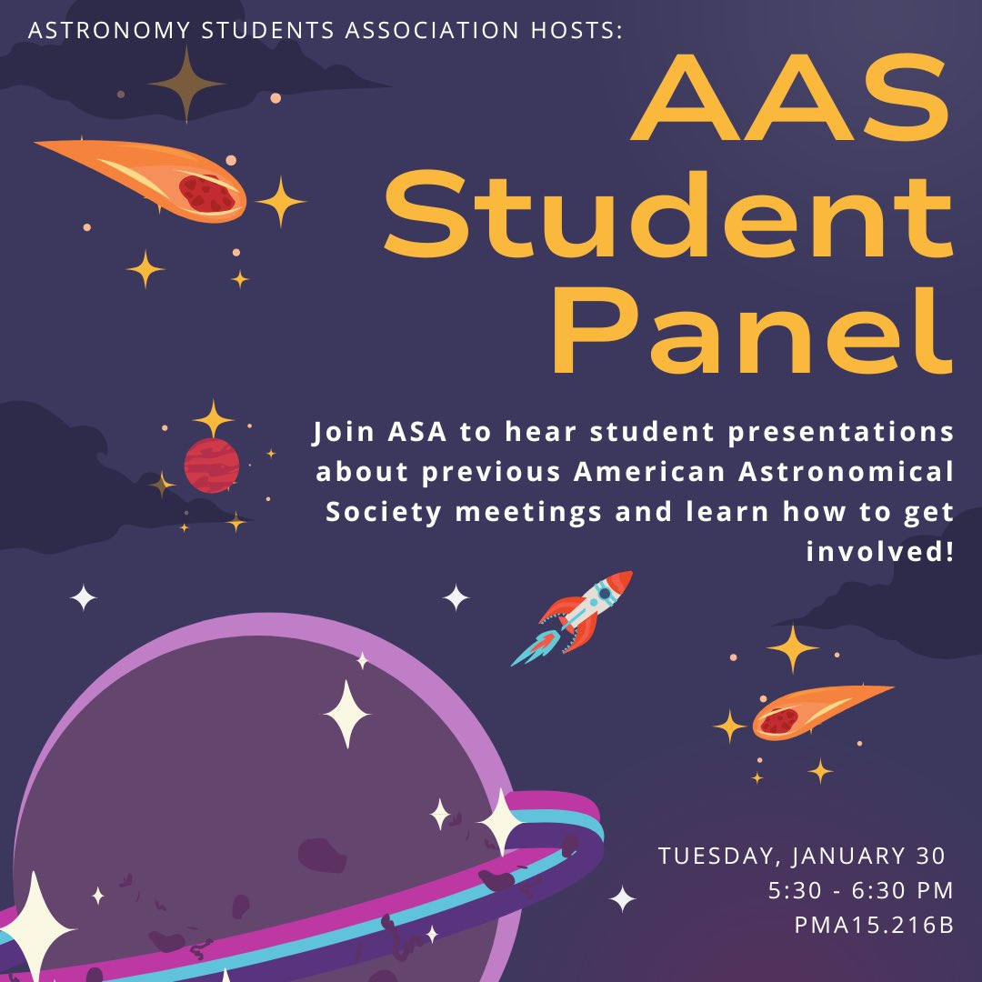 Hello stars! This week we're hosting students who presented at the 243rd AAS meeting. Hear about their experiences at the conference and learn how to get involved at the next one. Pizza will be provided!🌟