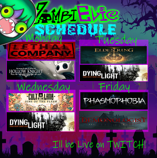 EvieZombi's tweet photo. HERE IS THIS WEEKS SCHEDULE GOOBs!
Be streaming our EPIC games at 6pm CDT Live on @twitch
If I can squeeze some streaming this weekend, I'll let the goobs know in our DISCORD
#zombies
#VTuberUprising
#trwitch https://t.co/insOdDHznp
