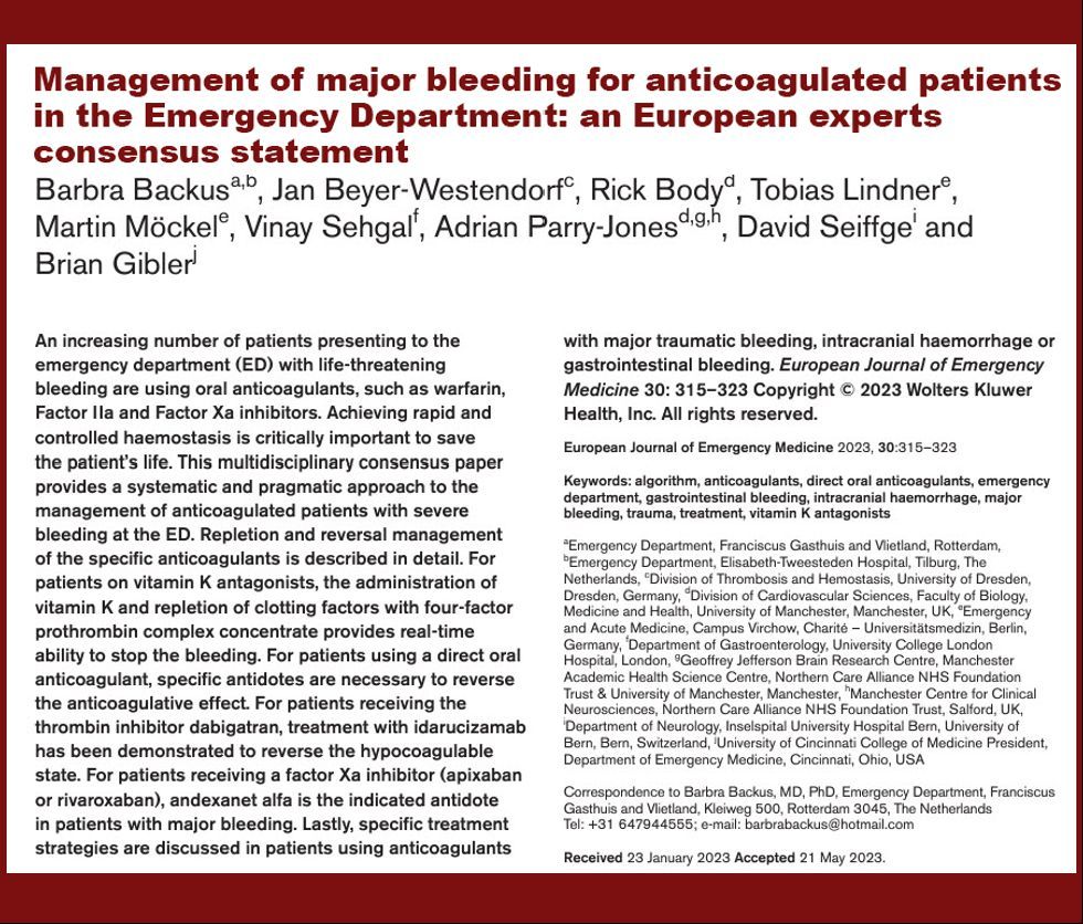 EMCREG-International (@emcreg) on Twitter photo Discover this recent multidisciplinary consensus pub by EMCREG International members in <a href="/EJ_EmergencyMed/">EJ_Emergency_Med</a> including an algorithm to approach severe bleeding in anticoagulated patients broken down by condition & drug
<a href="/adrianpj1/">Adrian Parry-Jones</a> <a href="/barbrabackus/">Barbra Backus</a> <a href="/DavidSeiffge/">David Seiffge</a> Discover this recent multidisciplinary consensus pub by EMCREG International members in <a href="/EJ_EmergencyMed/">EJ_Emergency_Med</a> including an algorithm to approach severe bleeding in anticoagulated patients broken down by condition & drug
<a href="/adrianpj1/">Adrian Parry-Jones</a> <a href="/barbrabackus/">Barbra Backus</a> <a href="/DavidSeiffge/">David Seiffge</a>
