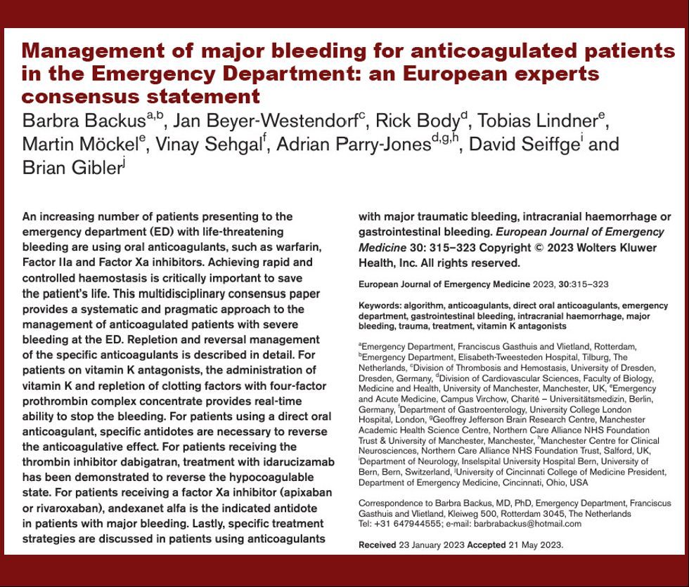 Discover this recent multidisciplinary consensus pub by EMCREG International members in @EJ_EmergencyMed including an algorithm to approach severe bleeding in anticoagulated patients broken down by condition & drug @adrianpj1 @barbrabackus @DavidSeiffge