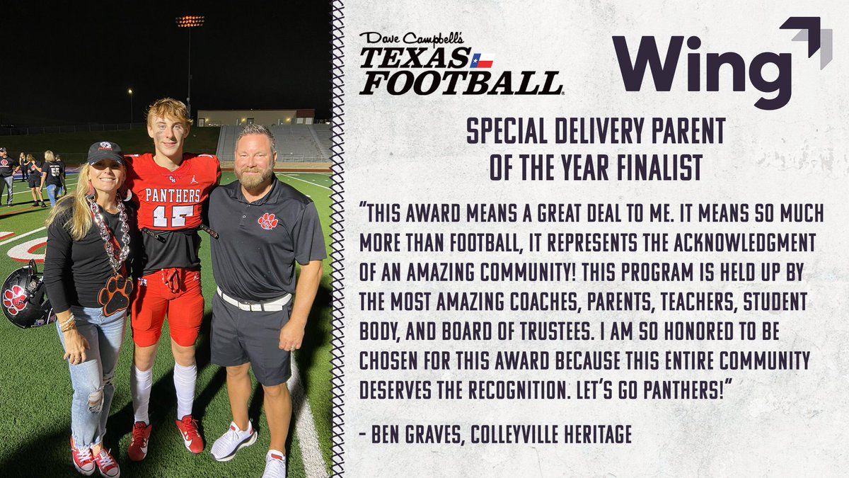 Dave Campbell's Texas Football — TexasFootball.com (@dctf) on Twitter photo Vote for our Special Delivery Parent of the Year Award presented by <a href="/Wing/">Wing</a>!
Voting = UNLIMITED through Friday 2/9, so vote early and vote often!
Our next nominee is Ben Graves from <a href="/CHHS_FOOTBALL/">CHHS Football</a>!
<a href="/CHPantherPride/">Colleyville Heritage</a> <a href="/GCISD_Athletics/">GCISD Athletics Dept.</a> | #dctf #txhsfb
🔗: texasfootball.com/special-delive… Vote for our Special Delivery Parent of the Year Award presented by <a href="/Wing/">Wing</a>!
Voting = UNLIMITED through Friday 2/9, so vote early and vote often!
Our next nominee is Ben Graves from <a href="/CHHS_FOOTBALL/">CHHS Football</a>!
<a href="/CHPantherPride/">Colleyville Heritage</a> <a href="/GCISD_Athletics/">GCISD Athletics Dept.</a> | #dctf #txhsfb
🔗: texasfootball.com/special-delive…