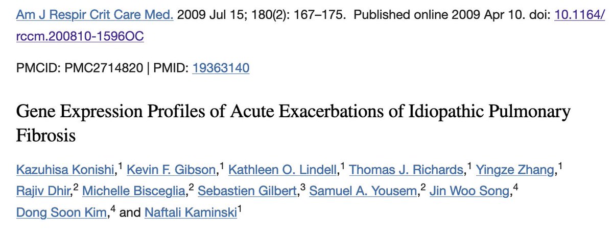 We published 'Gene Expression Profiles of Acute Exacerbations of Idiopathic Pulmonary Fibrosis' 15 yrs ago - I still think acute exacerbations deserve ⬆️⬆️⬆️attention & focus from @nih_nhlbi @PFFORG & #CurePF4All community. @ATS_GG @ATSBlueEditor atsjournals.org/doi/10.1164/rc…