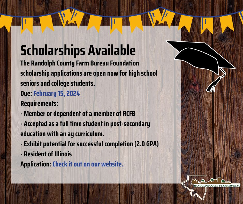 RandolphCoFB's tweet photo. REMINDER! Deadline for the 2024 RCFB Foundation scholarship application is THURSDAY, FEBRUARY 15th, 2024. Applications can be found on our website at https://t.co/PiRprgSB4i under the "Foundation" tab. Deadline is THURSDAY, February 15th, 2024 at 11:59pm. Questions 618-443-4511 https://t.co/k65EBu1VRA