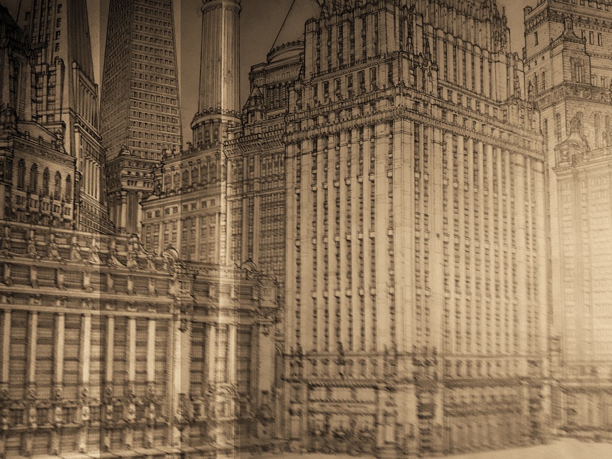 This is the level of detail of the background (so far) | #Cartoons, #architecture, and the #scifi #city: Radically expanding this for the <a href="/150mediastream/">150 Media Stream</a>: 'Welcome to Tribuneville': Old Chicago and #future #utopia [2]