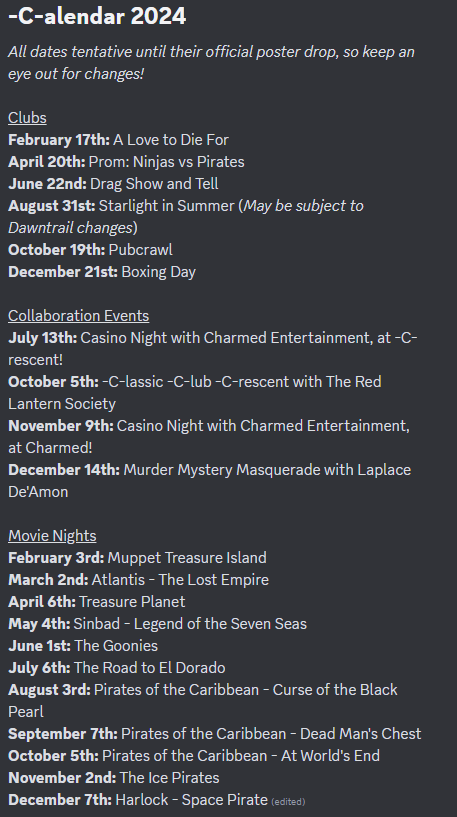 ClubCrescentXIV's tweet photo. Here's a look at our calendar for the year! We hope to see everyone having a blast, at the various events this year around!
#ffxivrp #balmung https://t.co/xfTOeoJFsY