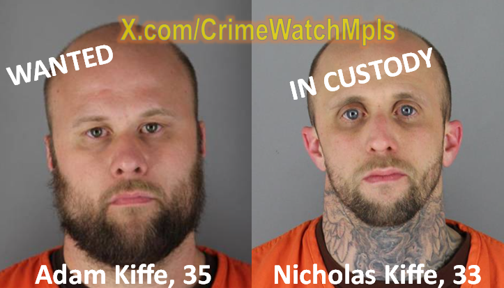 CrimeWatchMpls's tweet photo. Adam Robert Kiffe - WANTED
Nicholas Alvin Kiffe - In custody

Both charged in relation to a forced entry burglary on Friday at an apartment building at 37xx 29th Ave S.

Charges say they caused over $3800 in damages and stole a tool bag from a storage unit. https://t.co/4IwS5d8DSq