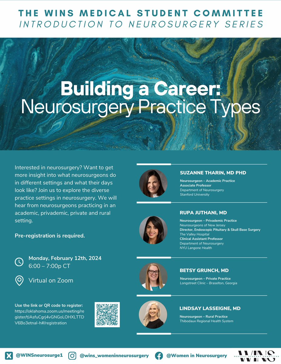 📆 Mark your calendars for Feb.12th! We’ll be exploring different #neurosurgery practice types: private, academic, & rural practice. Featuring Dr. Grunch @ladyspinedoc, Dr. Tharin @SpineTharin, Dr. Juthani @rupa_juthaniMD & Dr. Lasseigne. Don't miss it!! #WomenInNeurosurgery