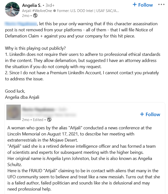 likeitmatters3's tweet photo. Another day, another lawsuit.
Last Nov a respected, experienced UFO researcher who has seen dozens of outrageous evidence-free claims in his lifetime, expressed an opinion about Anjali.
She called it a hit piece and responded with a lawsuit threat. https://t.co/buRz8TscLP