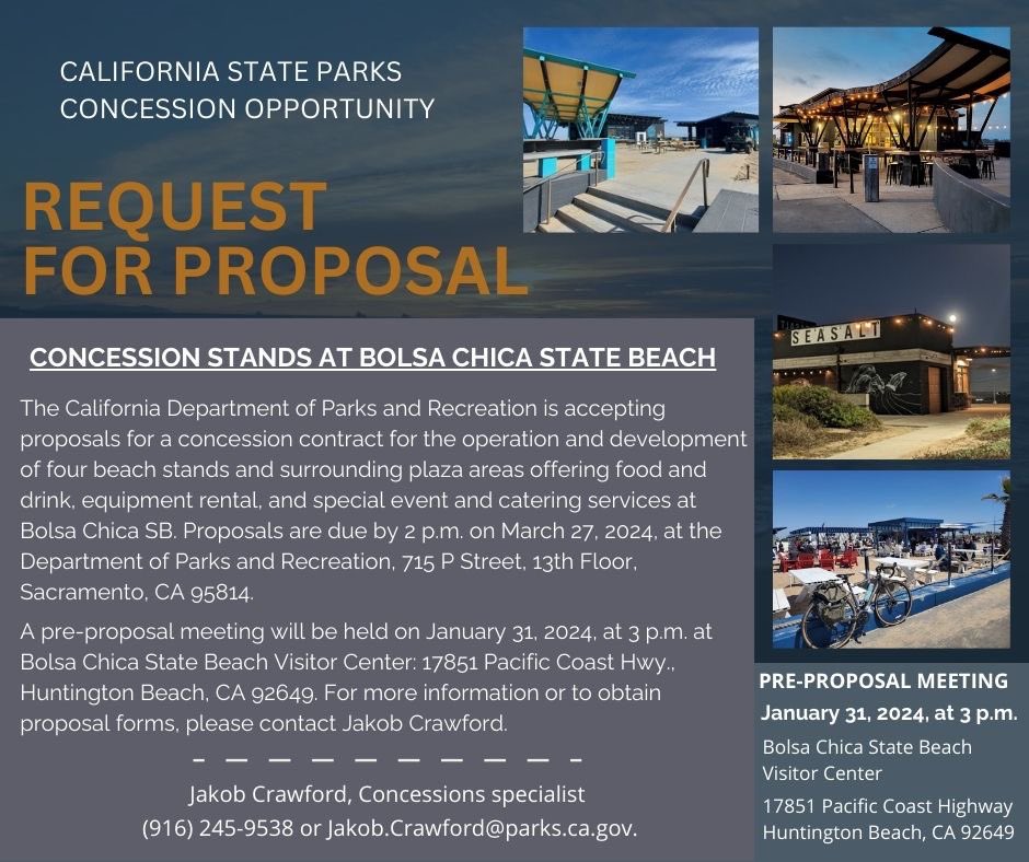California State Parks Concession Opportunity
Request for Proposal
Concession Stands at Bolsa Chica State Beach

#concessions #concessionstand #huntington #bolsachica #bolsachicastatebeach