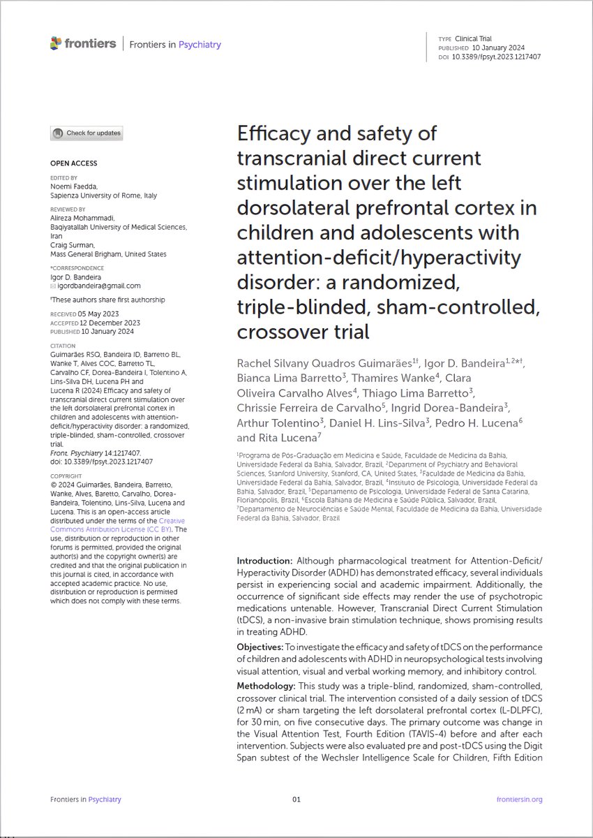 I'm honored to share my latest joint first-author publication in @FrontPsychiatry! This randomized clinical trial tests transcranial direct current stimulation (tDCS) in pediatric #ADHD. We found no performance enhancement in visual attention, visual and verbal working memory,…