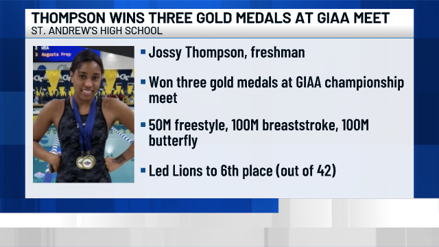 What a weekend for St. Andrew's freshman Jossy Thompson!

Thompson won three gold medals on Saturday at the GIAA championship swim meet. She led the Lions to a 6th place finish.

<a href="/WTOC11/">wtoc11</a> | <a href="/SASSportsInfo/">St. Andrew’s Athletics (Sports Informtion)</a>
