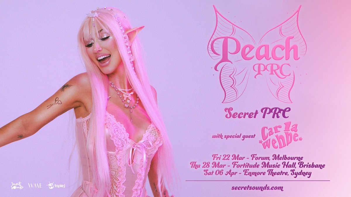 JUST ANNOUNCED 💖 Our favourite pop queen @peachprc is heading on her Secret PRC tour this March & April. Presale begins Thu 1 Feb, 1pm local time. Tickets on sale to the general public on Fri 2 Feb, 1pm local time. Sign up for presale now → scrtsnds.com.au/PeachPRC2024