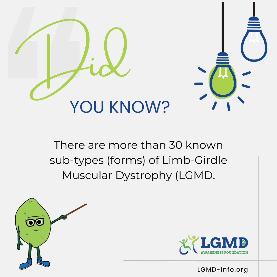 💚 Did you know? 💚
There are more than 30 known sub-types (forms) of Limb-Girdle Muscular Dystrophy (LGMD). Because the different forms of LGMD look very similar in clinical tests, genetic testing is required to confirm a diagnosis.

To learn more lgmd-info.org

#LGMD
