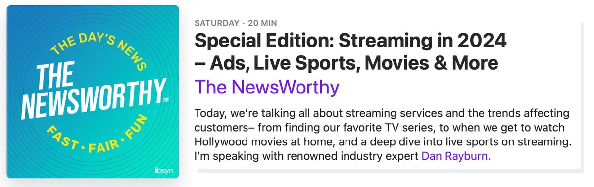 Thanks to Erica Mandy for having me on her @newsworthypodpodcast to discuss all the options consumers have when it comes to streaming media services and the confusion that comes with pricing, advertising, and sports viewing. thenewsworthy.com/shownotes/0127… - #sportsnews #streamingmedia