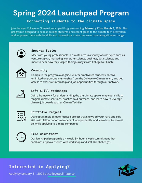 Calling all students & recent grads looking to launch a career in the environment: College to Climate's Spring 2024 Launchpad is here! Dive into the climate tech scene, boost networking skills & create an impressive climate portfolio. Apply by Jan 31st: i.mtr.cool/ynezuverkc