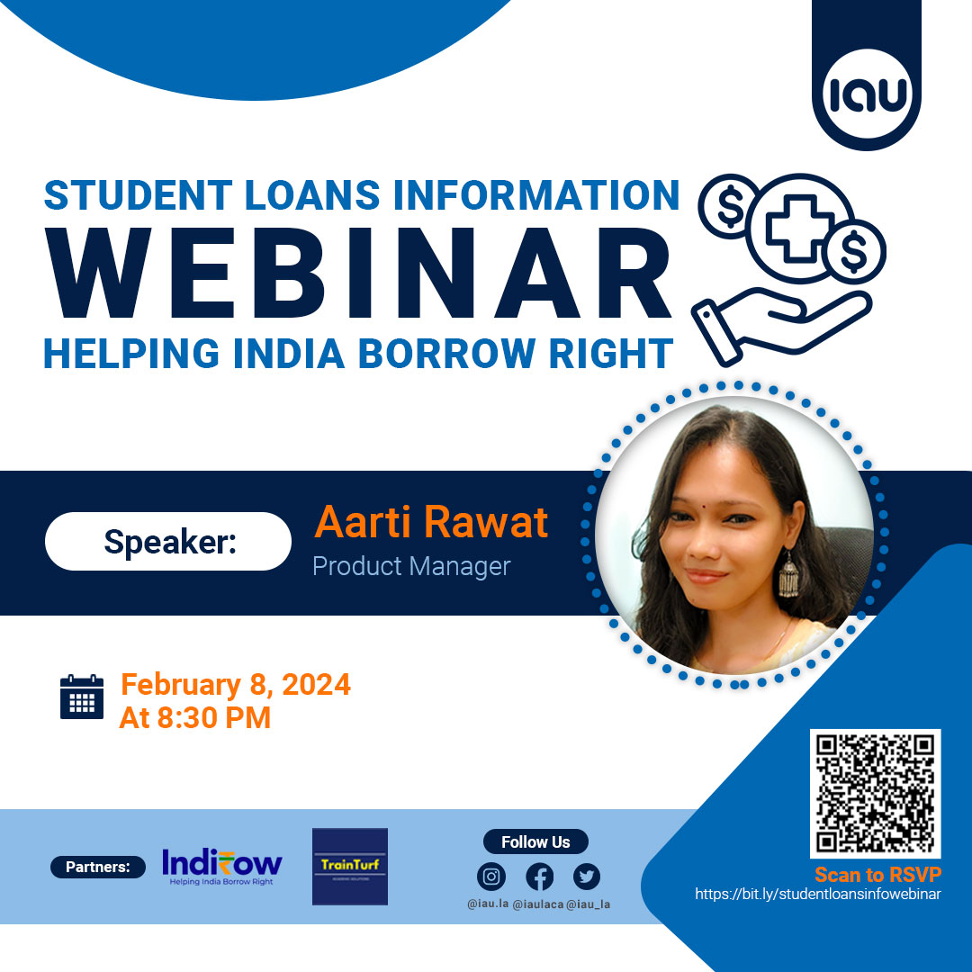 iau_la's tweet photo. Attention, IAU students of Indian nationality. IAU's partnership with TrainTurf and Indirow has made it possible to offer financial aid to Indian students. The webinar will be presented on February 8, 2024 at 8:30 PM PST. To RSVP, please visit: https://t.co/jIjkQXKkz2 https://t.co/4Q2qZ1tBly