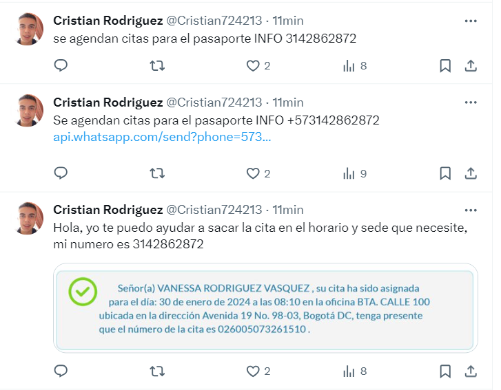 philipoby's tweet photo. @CancilleriaCol Aquí ya aparecieron los corruptos @CancilleriaCol investiguen que algo esta pasando internamente que venden las citas. Nos dicen por twitter que llamen al 3132862872.  @Cristian724213, desde estas cuentas 
@anamora213112 https://t.co/30Cf442nUz