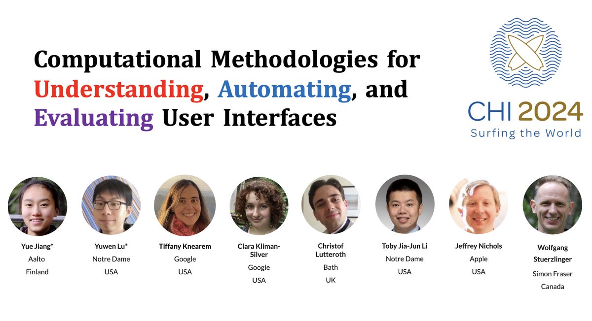 📢 Are you interested in exploring Computational Methodologies for Understanding, Automating, and Evaluating User Interfaces at #CHI2024? Come to submit a position paper to our workshop! (Deadline: Feb 22, 2024) sites.google.com/view/computati…