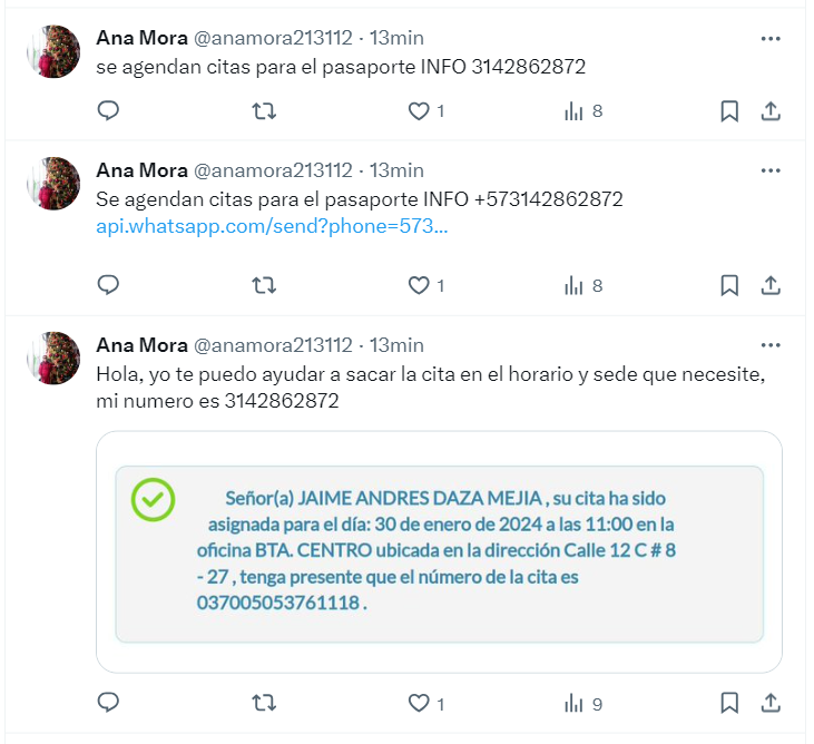 philipoby's tweet photo. @CancilleriaCol @Cristian724213 @anamora213112 Aquí ya aparecieron los corruptos @CancilleriaCol investiguen que algo esta pasando internamente que venden las citas. Nos dicen por twitter que llamen al 3132862872.  @Cristian724213, desde estas cuentas
@anamora213112 https://t.co/pIl94VjKTw