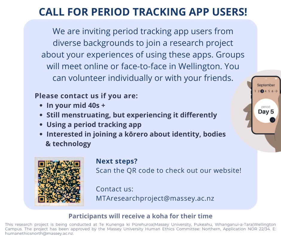 Menstruation Tracking Apps, Bodies & Identities (@trackingbodies) on Twitter photo Call for research participants in Aotearoa New Zealand who use a period tracking app 🩸
<a href="/TrackingBodies/">Menstruation Tracking Apps, Bodies & Identities</a>
Visit project website for more info: sites.google.com/view/mtas-digi…
Join the kōrero!
#research #masseyuniversity #menstruation #trackingapps #newzealand #perimenopause Call for research participants in Aotearoa New Zealand who use a period tracking app 🩸
<a href="/TrackingBodies/">Menstruation Tracking Apps, Bodies & Identities</a>
Visit project website for more info: sites.google.com/view/mtas-digi…
Join the kōrero!
#research #masseyuniversity #menstruation #trackingapps #newzealand #perimenopause