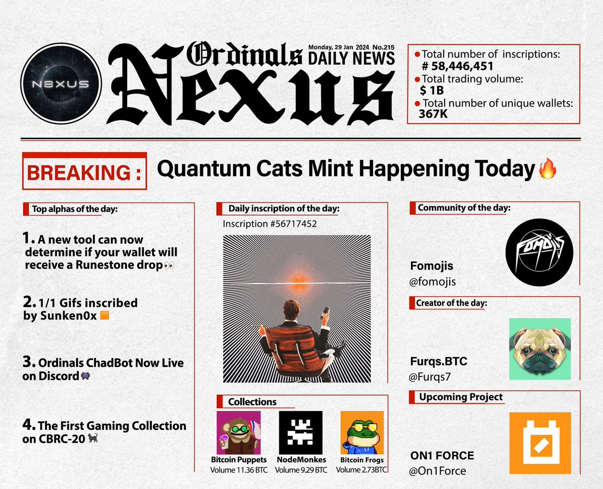Ordinals Nexus β (@ordinalsnexus) on Twitter photo ππππππππ: <a href="/QuantumCatsXYZ/">Quantum Cats | BIP-420π±</a> Mint Postponed to Tomorrowπ₯
β’ Check your eligibility for Runestone drop π
β’ <a href="/sunken0x/">Sunken0x</a> Inscribed 1/1 Gifs on Ordinals π§
β’ ChadBot Upgrade is Now LiveπΎ
β’ @NinjaCatsIO Gaming collection on CBRC-20 πββ¬
Here is your 1 minute recap of ππππππππ: <a href="/QuantumCatsXYZ/">Quantum Cats | BIP-420π±</a> Mint Postponed to Tomorrowπ₯
β’ Check your eligibility for Runestone drop π
β’ <a href="/sunken0x/">Sunken0x</a> Inscribed 1/1 Gifs on Ordinals π§
β’ ChadBot Upgrade is Now LiveπΎ
β’ @NinjaCatsIO Gaming collection on CBRC-20 πββ¬
Here is your 1 minute recap of