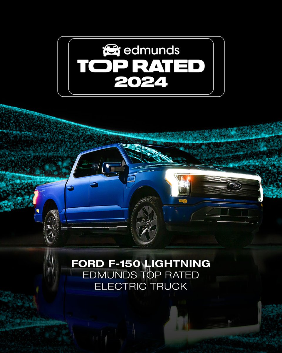Capaz, inteligente y totalmente eléctrica. La #F150Lightning ha sido nombrada la Top-Rated Electric Truck por @Edmunds 2024 por segundo año consecutivo. ⚡️⚡️ #FuerzaFord