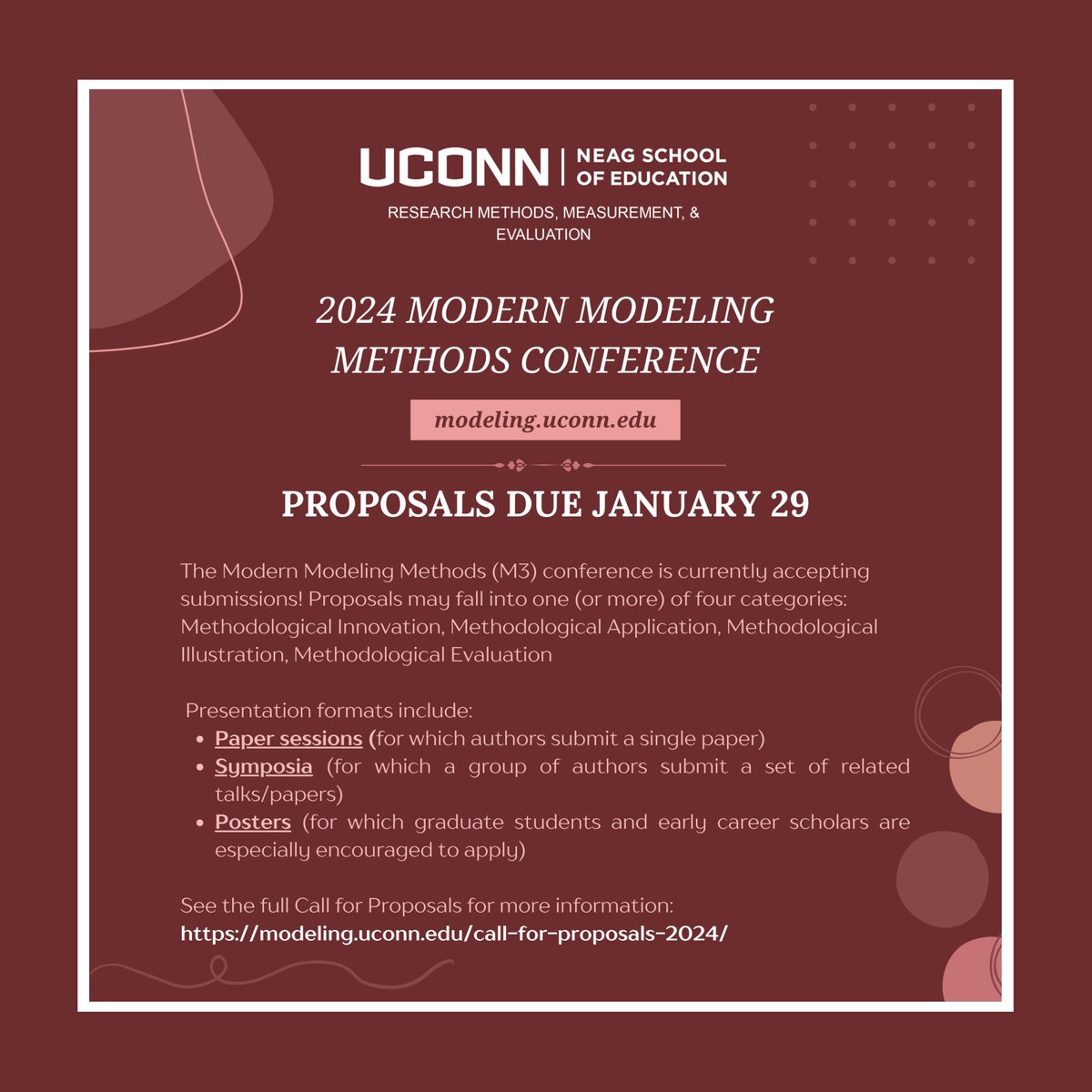 LAST CHANCE: M3 2024 Conference proposals are DUE TODAY (1/29)! #ApplyNowOnline
#ApplyNow #ModelingUConn

modeling.uconn.edu
rmme.education.uconn.edu

#interdisciplinary #statisticalanalysis #statisticalmodeling #statistics #StatsTwitter