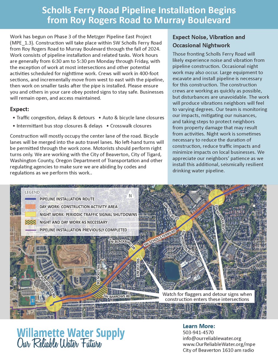 New Scholls Ferry Rd construction begins. Roy Rogers Rd to Murray Blvd. Day and nightwork areas. Thank you for your patience. <a href="/CityofBeaverton/">City of Beaverton</a> <a href="/TVWDNews/">Tualatin Valley Water District</a> @PDXTrafficNow <a href="/washcoroads/">Washco Oregon Roads</a> 
<a href="/TigardOR/">City of Tigard</a>