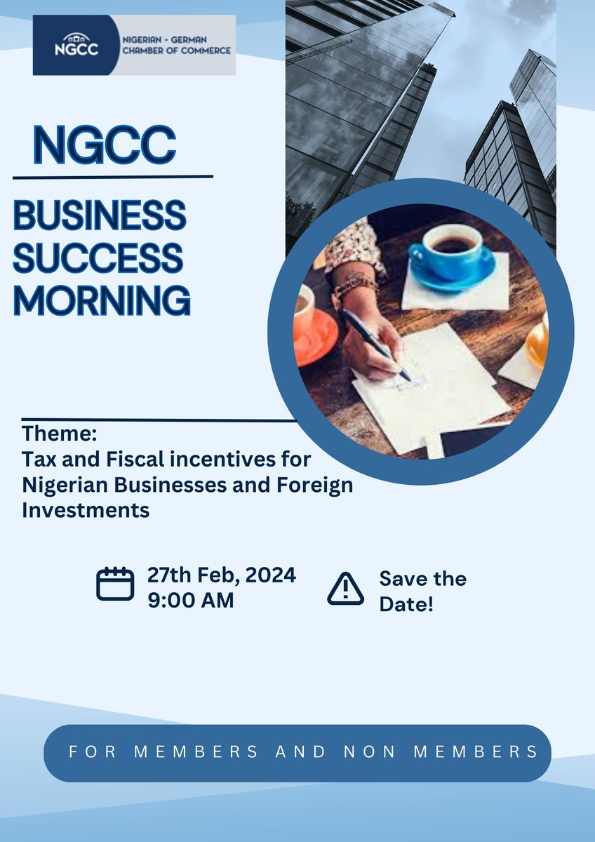 NigGChamber's tweet photo. 📢 Don't miss the opportunity to join us on February 27, 2024, for a thought-provoking discussion on new Tax and Fiscal Incentives for Nigerian Businesses and Foreign Investments. 

Keep your place by registering >>https://t.co/XGSKOW1FGK

#business
#success
#tax 
#investment https://t.co/jDAuBEecz4