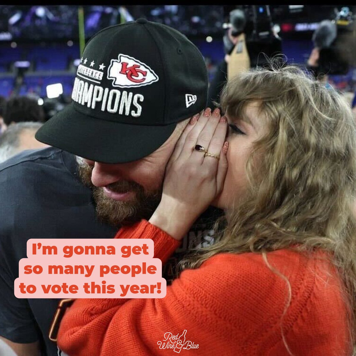 RedWineBlueUSA's tweet photo. What we hope Taylor was saying after last night's game … are you with us? 🙋‍♀️ https://t.co/mxyLWtWfuK 

#taylorswift #traviskelce #Vote #Voting #RockTheVote #taylornation #swifties #TroubleNation https://t.co/9k7Tru833U