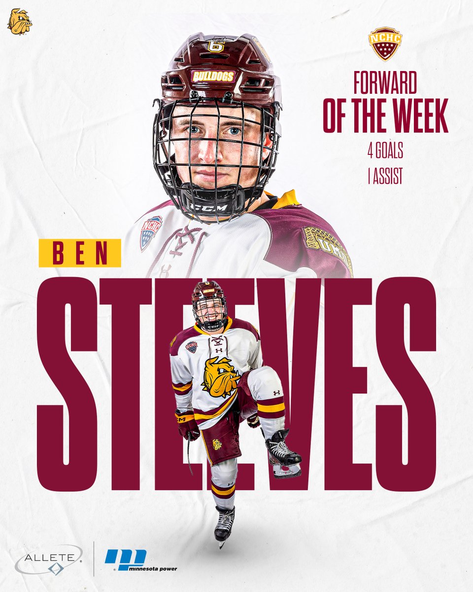 UMDMensHockey's tweet image. Ben Steeves Named NCHC Forward of the Week, Third Conference Honor of the Season

Story: umdbulldogs.com/news/2024/1/29…