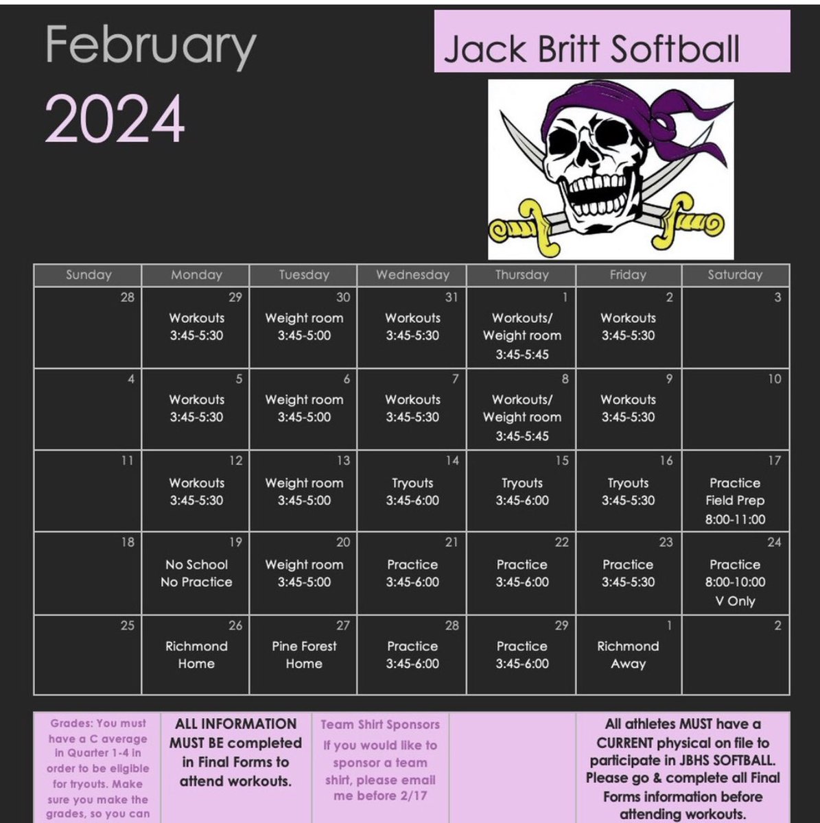 Will softball be your Valentine? 🥎💜 Mark your calendars 📆 Jack Britt softball tryouts will be from 2/14-2/16!! 
We are also having workouts 5days a week if you’d like to sharpen your skills before tryouts. Peep the schedule below! 👇👀