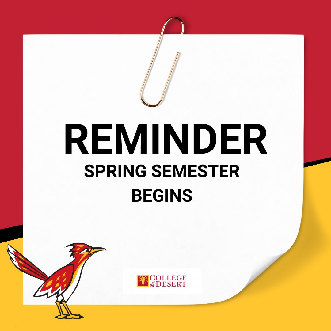 We hope all Roadrunner's are ready to spring into a new semester! 

After a relaxing break, we are ready to embrace knowledge, make memories, and thrive together! Wishing all a wonderful day!🎓✨

#YourCommunityYourCollege #Spring2024 #FirstDay
