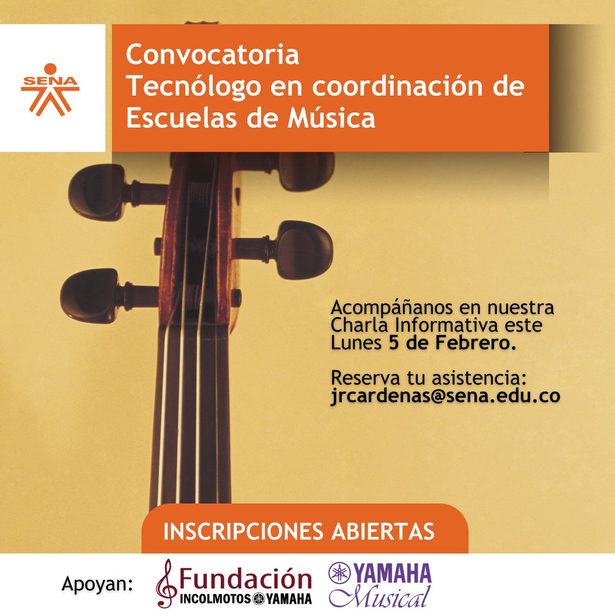 [Abiertas las Inscripciones para la Tecnología en Coordinación de Escuelas de Música con el Sena] <a href="/SENAComunica/">SENA</a>  Importante: Reservar tu asistencia escribiendo al Docente Ricardo Cárdenas al correo electrónico: jrcardenas@sena.edu.co.
#coordinaciondeescuelasdemusica